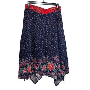 Weavers Navy Blue Floral Handkerchief Hem Boho Midi Skirt Small Red Paisley Trim